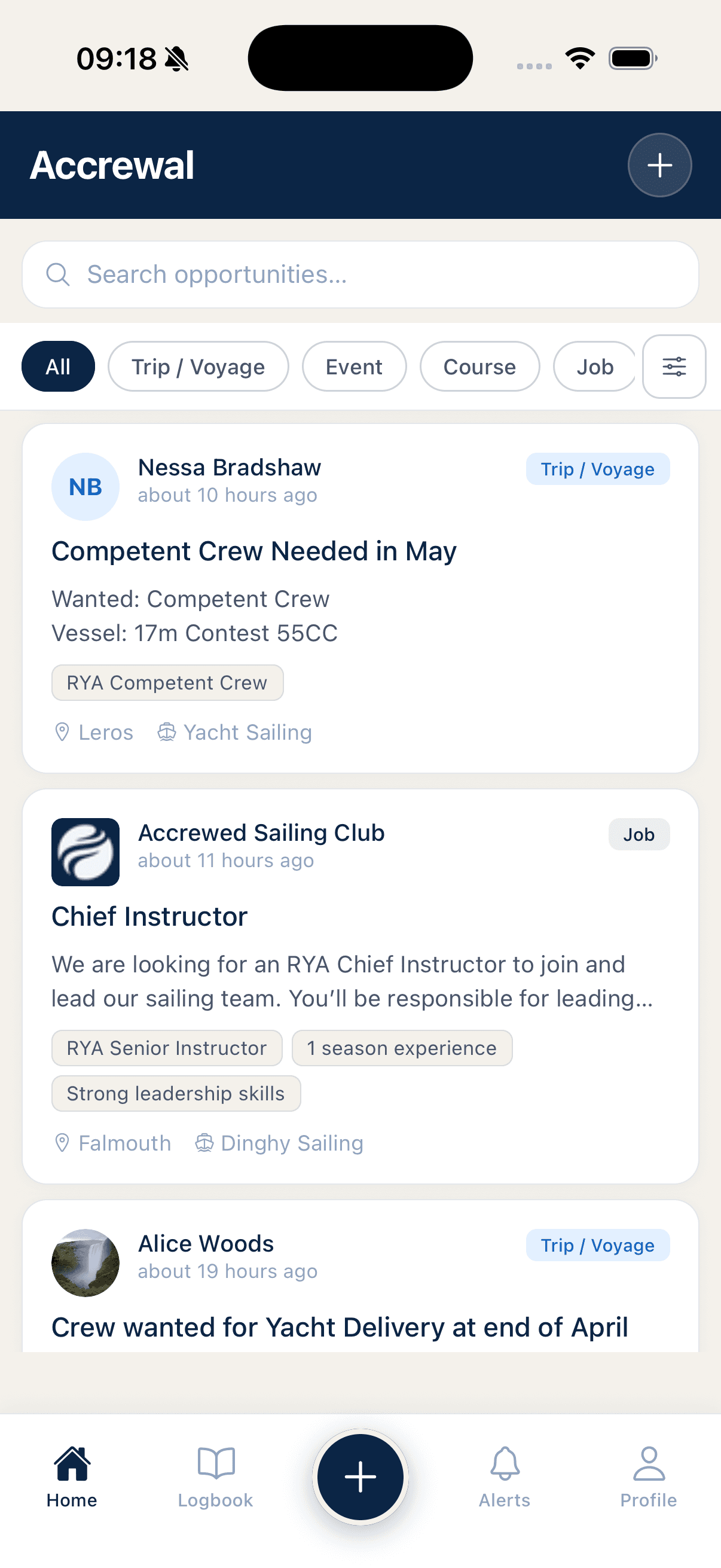 Accrewal app showing voyage and crew opportunities